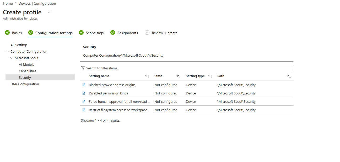 Security settings in Intune